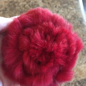 Pony tail holder red fur flower embellishment